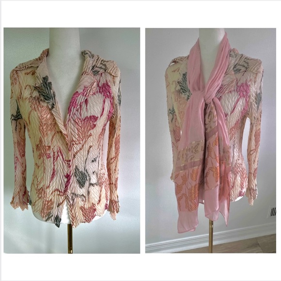 Komarov Blush Pink Crinkle Pleated Blouse Velvet Floral Burnout Plaque Romantic - Picture 16 of 16